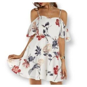 SUCREFAS WHITE & PINK FLORAL COLD SHOULDER DRESS SZ.S EUC.